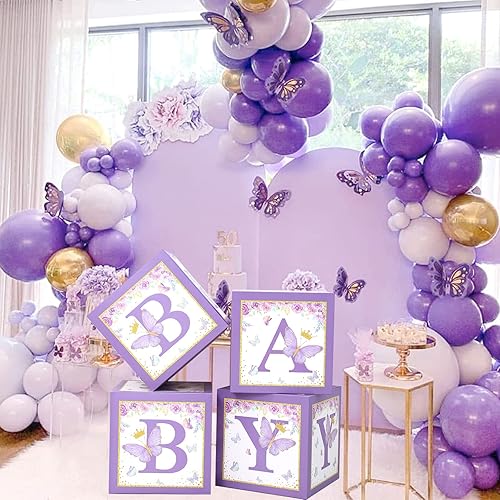 Miniatura 8 de Decoraciones de cajas de baby shower de mariposa morada, 4 cajas de globos morados con letra de bebé, letras impresas, decoración de centro de mesa