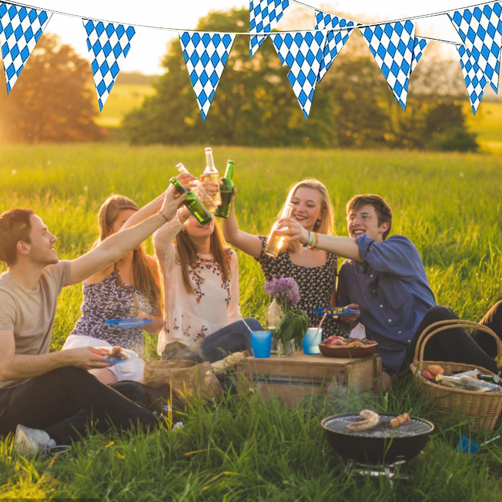 3 Striscioni Decorativi Oktoberfest Baviera 30 Metri Totali | Bandierine Triangolari Bianco-Blu 20x30 Cm | Ghirlanda Per Feste Della Birra E Wiesn