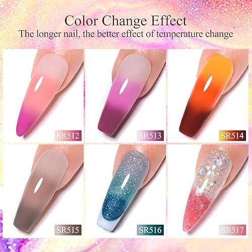 Miniatura 5 de MEET ACROSS Juego de esmaltes de uñas de gel que cambian de color, 6 esmaltes de gel con purpurina que cambia la temperatura del estado de ánimo,