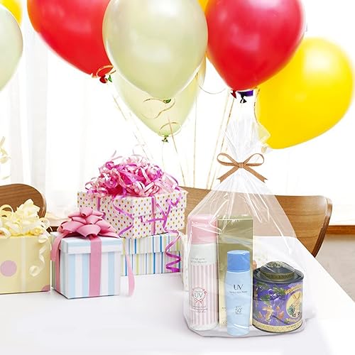 Miniatura 7 de Morepack Bolsas de celofán de fondo plano, 100 bolsas de regalo de celofán de fondo plano transparente de 10 x 4 x 14 pulgadas con lazos giratorios,