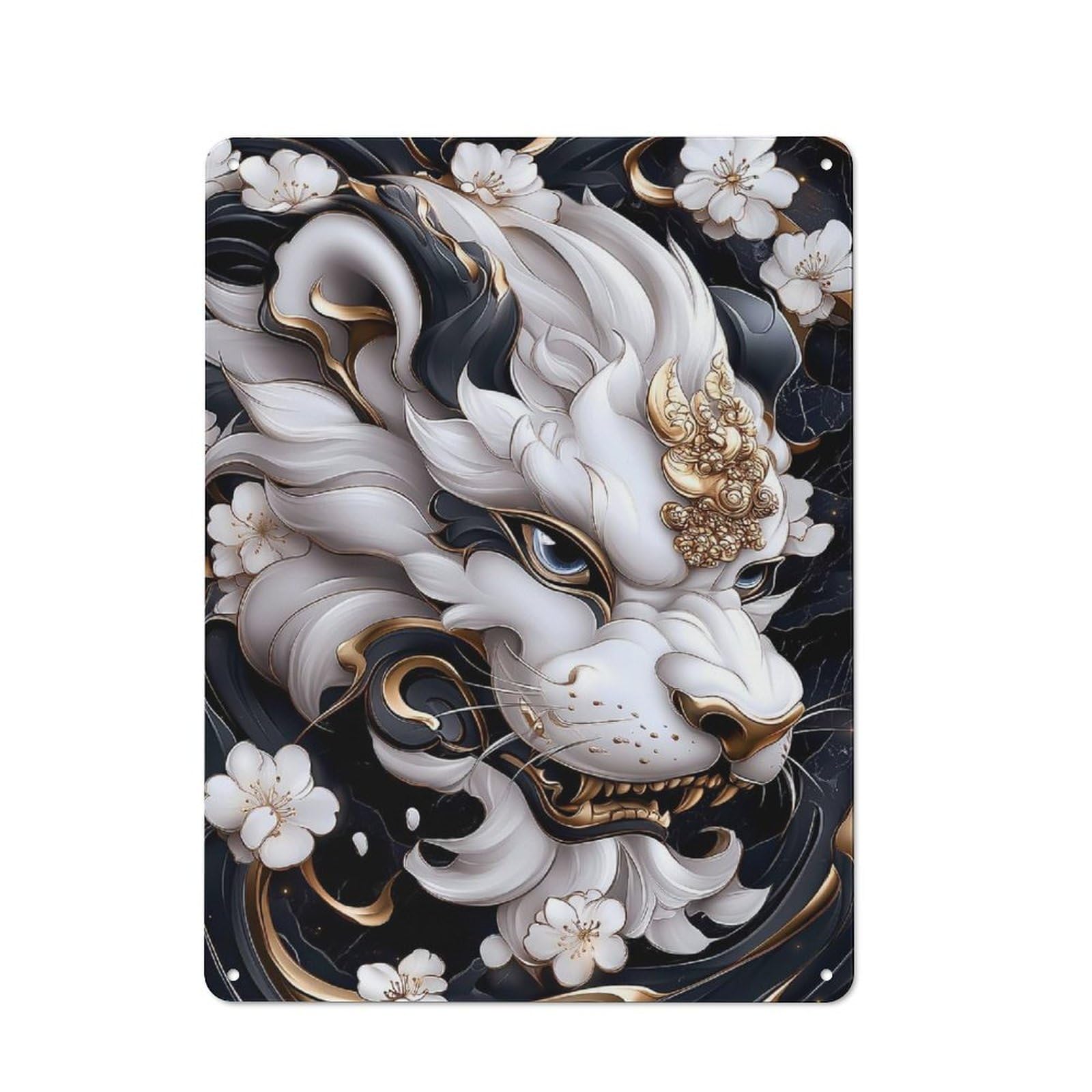 Industrial White Lion with Gold Accents Decorative Metal Plaque 40x30cm, Studio Wall Art for Flat, Bar, Studio Or Gallery Wall