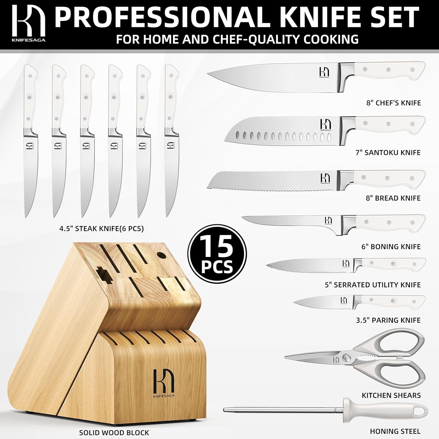 Knife Set, 15 Pcs Kitchen Knife Block Set, Enduring Razor-Sharp Japanese High Carbon Stainless Steel Chef Knife Set with Block and Sharpener, Premium Knives Set for Kitchen, White Natural Wood - Image 6