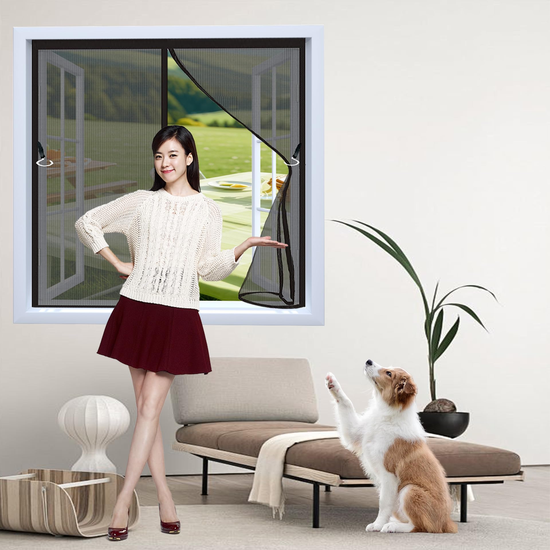 Amzyu Black Magnetic Window Fly Screen 138 X 127 Cm Window Netting For Insects Fine Mesh Durable ‎Polyester No Drilling Or Screwing With Hook Sticky Tape,