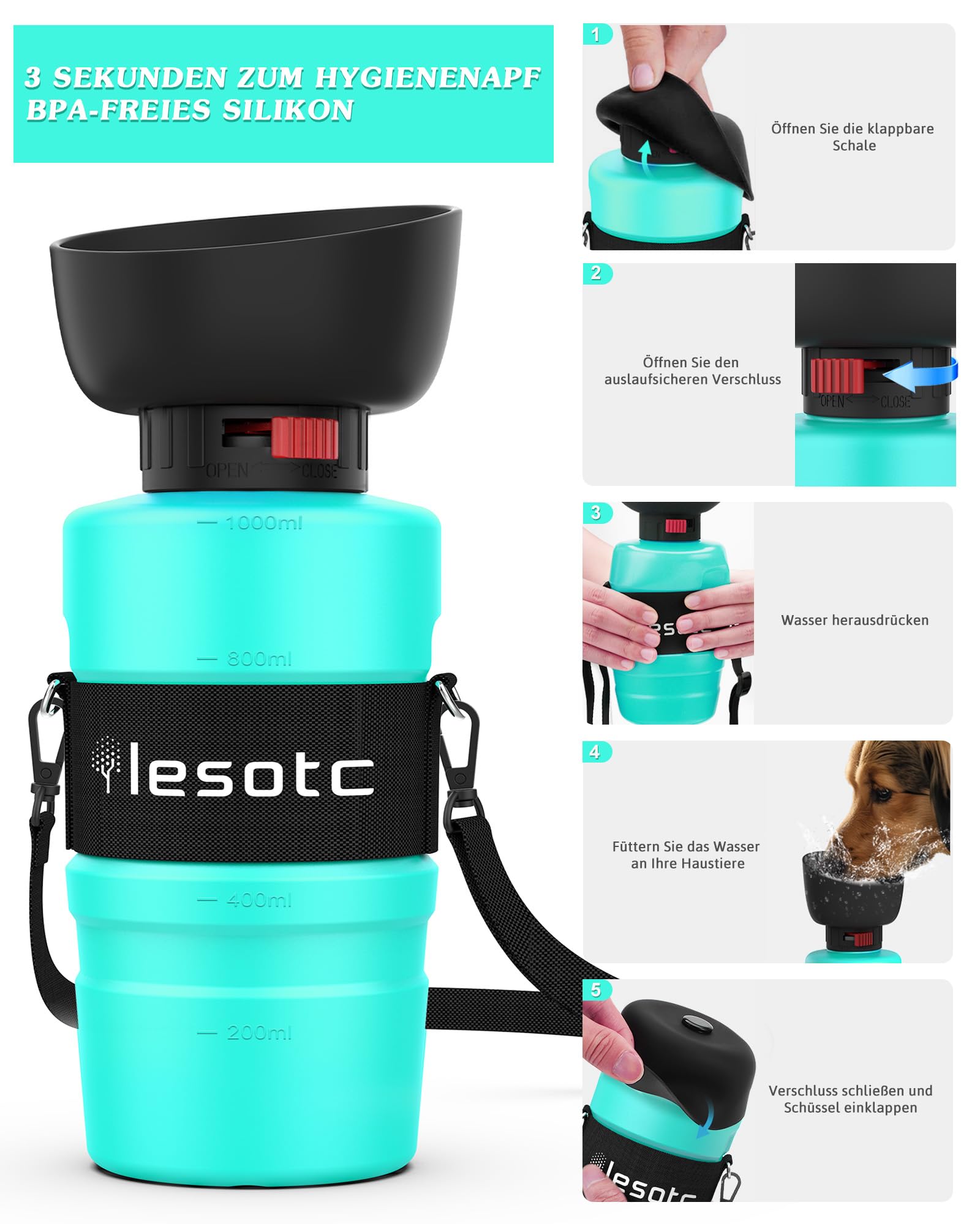 lesotc 800ml Borraccia per Cani Portatile, Borraccia Cane Portatile, con Ciotola per l'Acqua Pieghevole, in Silicone, Adatto per Attività All'Aperto, Viaggi, Passeggiate, Campeggio（Azzurro Chiaro）