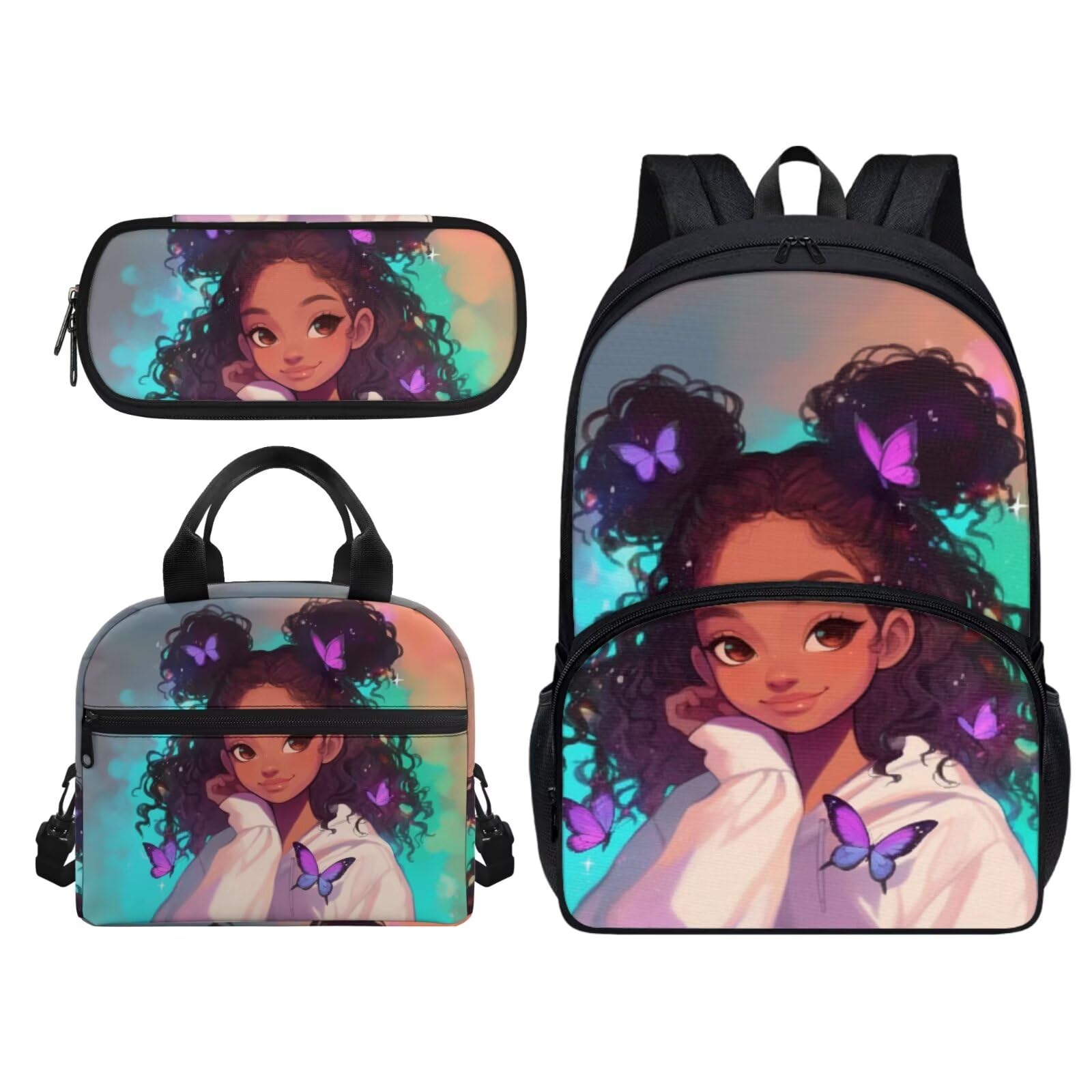 YECARYPOD Black Girl African Backpack with Lunch Box and Pencil Case Kids Backpacks Set 3pcs School Bags Set Cute Toddler Bookbag for Kindergarten