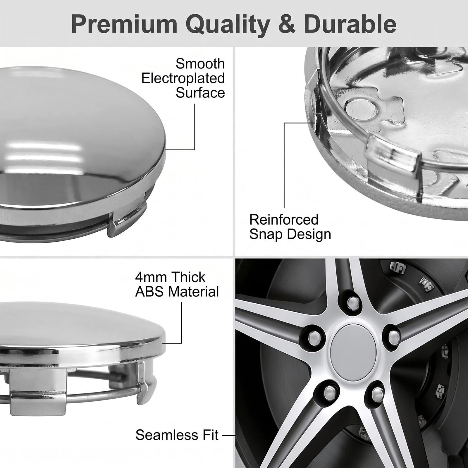 Radkappen,Felgenkappen,Nabenkappen,Nabendeckel OD 60mm ID 56mm, Felgenkappen aus ABS-Kunststoff, Universal Nabenkappen für Autos, 4 Stück, langlebige Nabenabdeckung, einfache Installation, Silber
