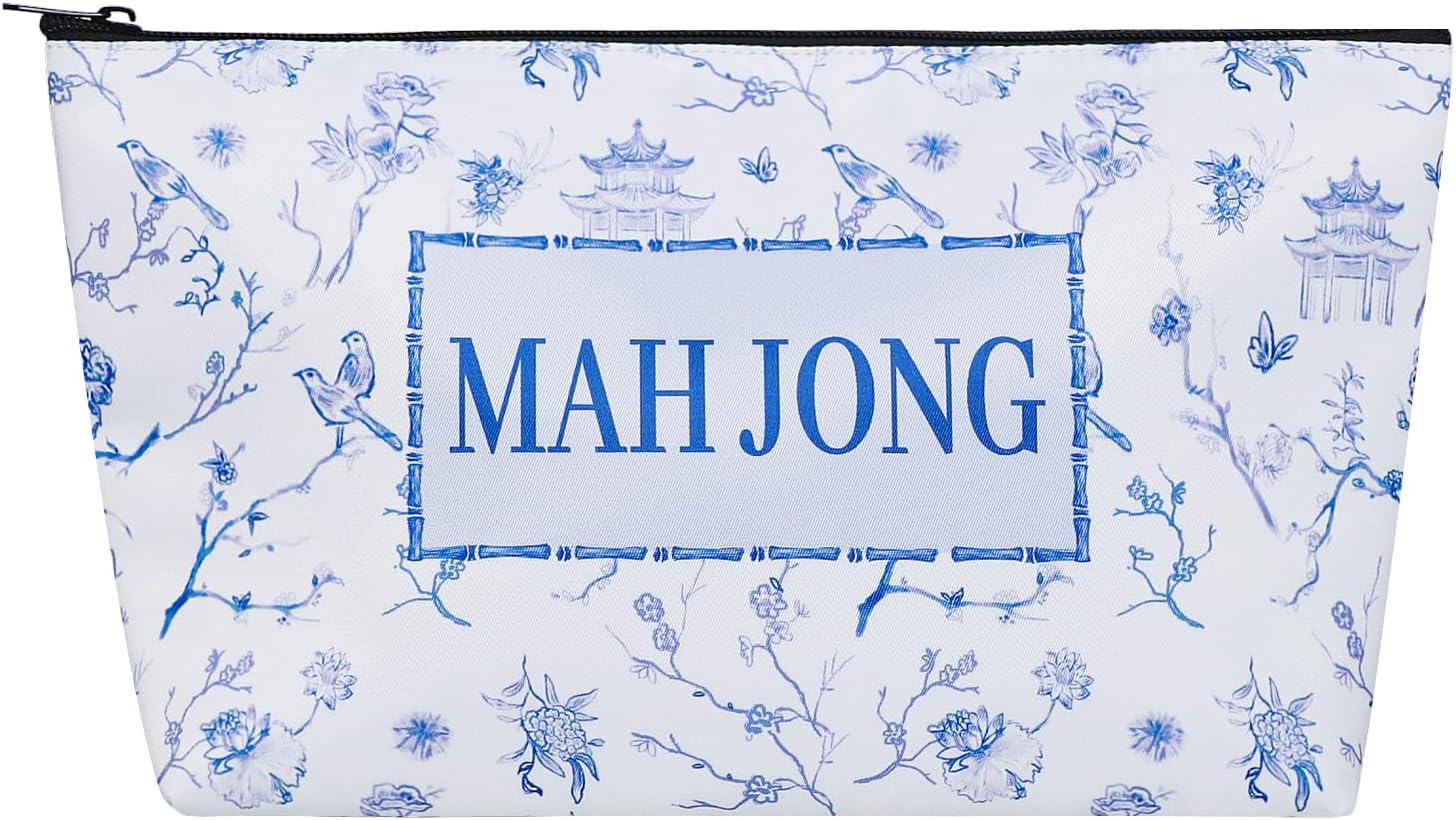 TIASUSAN Empty American Mahjong Tile Bag, White Printed Mahjong Bag for 166 American Mahjong Tiles and Accessories (Only Case)