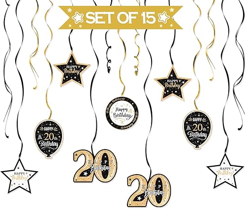Miniatura 2 de Decoración de fiesta de remolinos con purpurina negra y dorada de feliz 20 cumpleaños, 15 piezas de remolinos colgantes de 20 años, cartel de fiesta