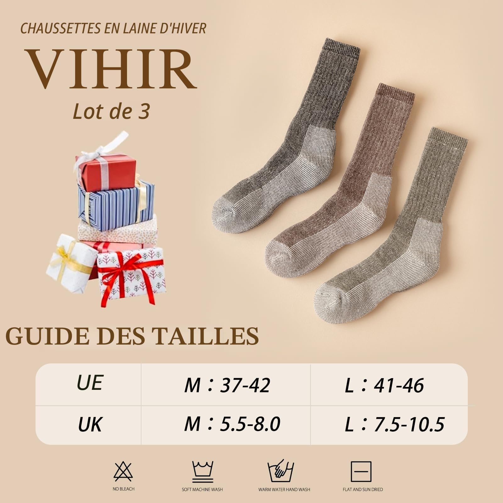 Vihir 3 Paires Chaussettes en Laine pour Homme Femme Chaudes dans Les Sports de Plein Air 37-42, 41-46
