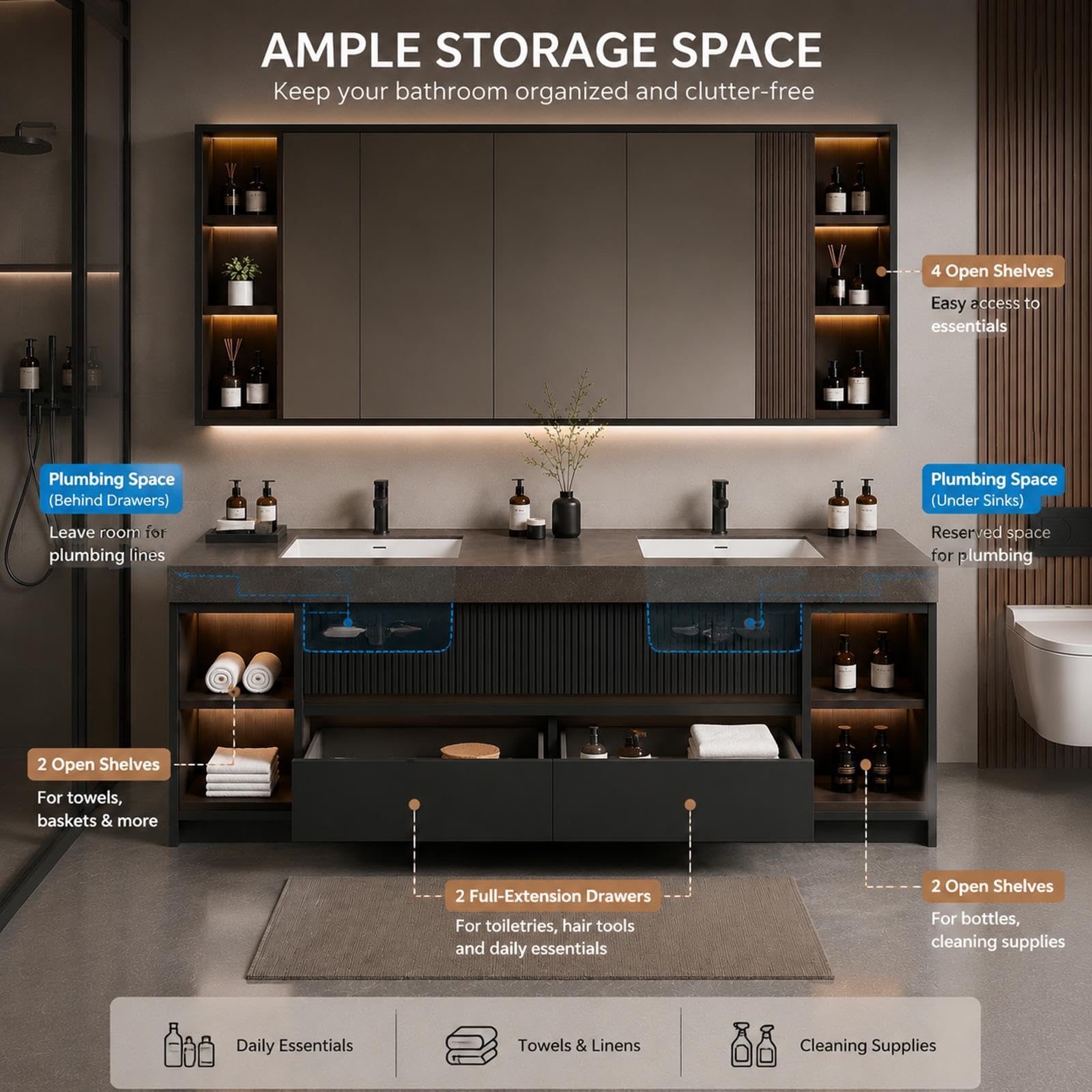 Vanità da bagno con doppio lavabo autoportante da 193 cm con specchio | Design moderno Smart Defog e luce LED | Ampio spazio di archiviazione | Doppio lavandino senza cuciture | Opzioni