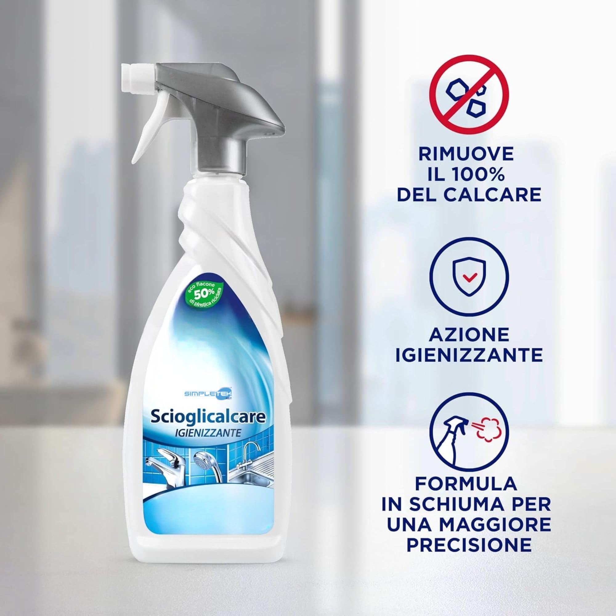 SIMPLETEK - Spray detergente 650ml | Scioglie il Calcare Ostinato | Formula in Schiuma con Barriera Protettiva | Eco-Flacone [12 pezzi]