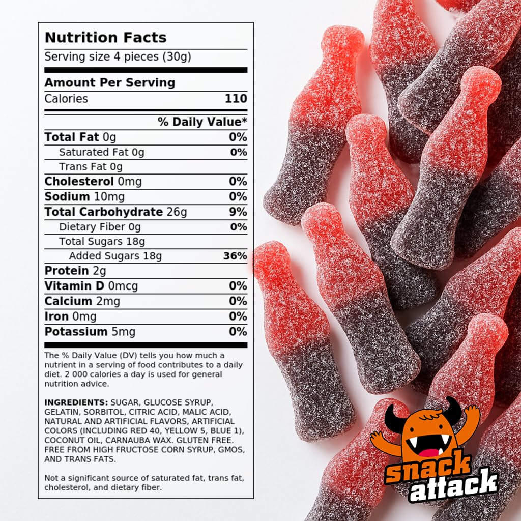Snack Attack Gummy Cola Bottles Sour Cherry Bubble Gum Candy Unique Sour Cherry Twist Double Sealed Freshness Kids & Adults 1lb Bag