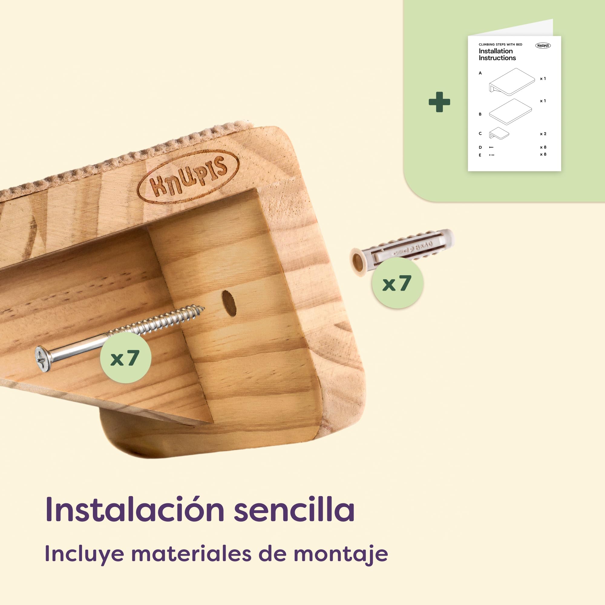 Knupis Estantes de Pared para Gatos con Cama & 2X Escaleras – Madera de Pino Maciza FSC®, Hamaca de Pared Resistente hasta 30 kg – para Juego & Comodidad - Beige
