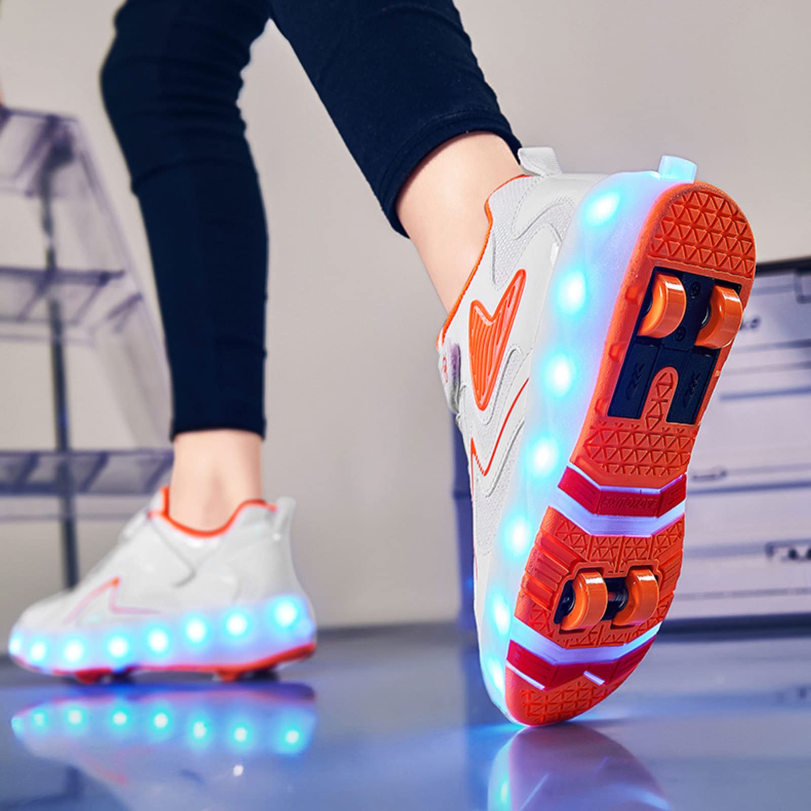 Roller Skates Shoes For Kids With USB Rechargeable LED Lights Trainers With Double Row And Four Wheels For Boys And Girls,Orange-34EU