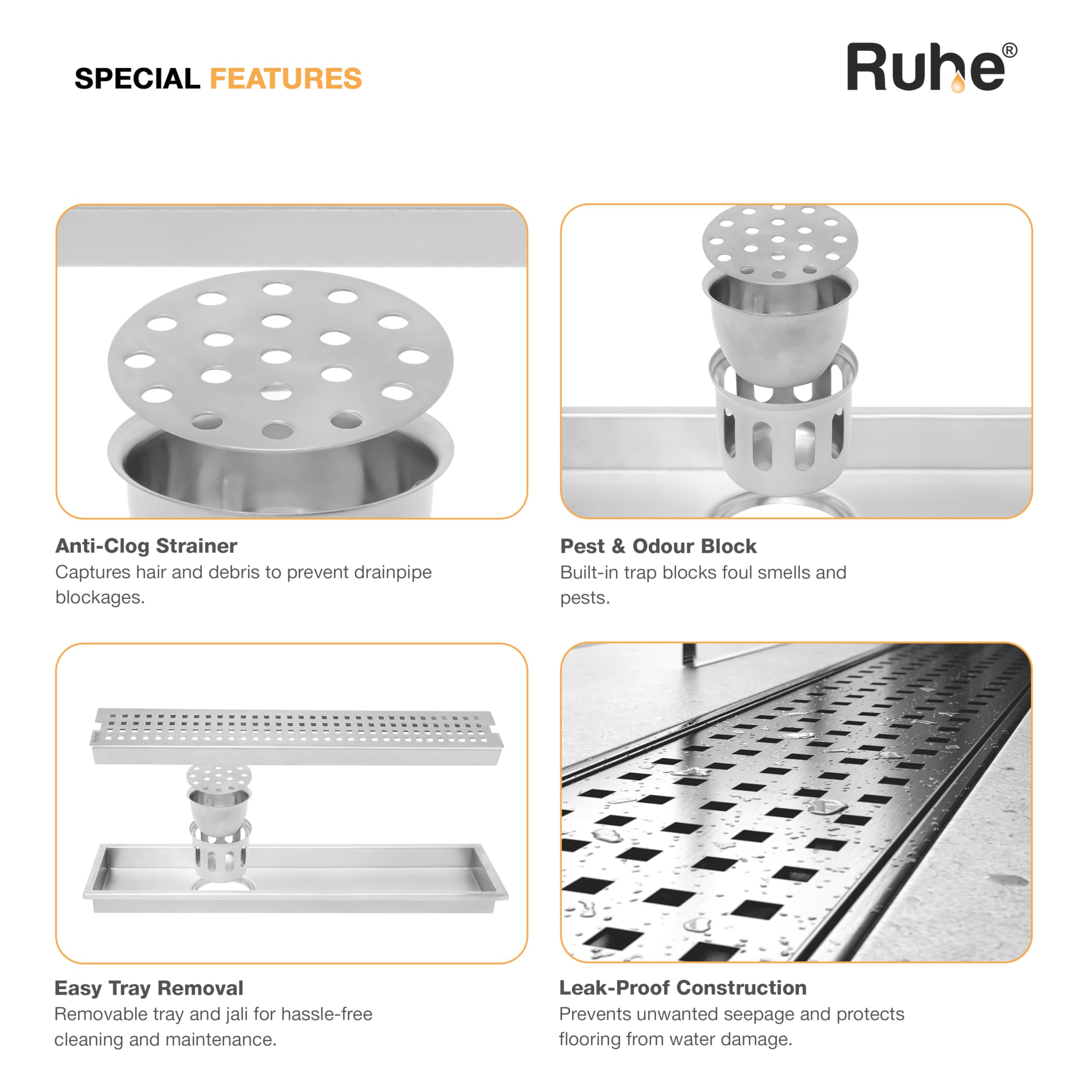 Ruhe® Palo 24 × 4 Inches Floor Drainer | 304 Stainless Steel Palo Shower Water Drain Channel/Waste Water Floor Drain | with Stainless Steel Trap and Side Hole | with Collar 1