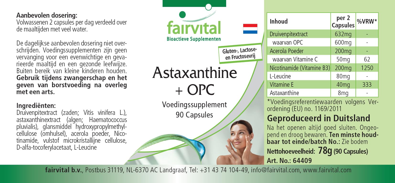 fairvital Astaxanthine + OPC, 90 gélules, avec vitamine c d'acerola, nicotinamide (vitamine B3) et vitamine E, qualité certifiée et hautement dosé, 100% végétalien, fabriqué en Allemagne