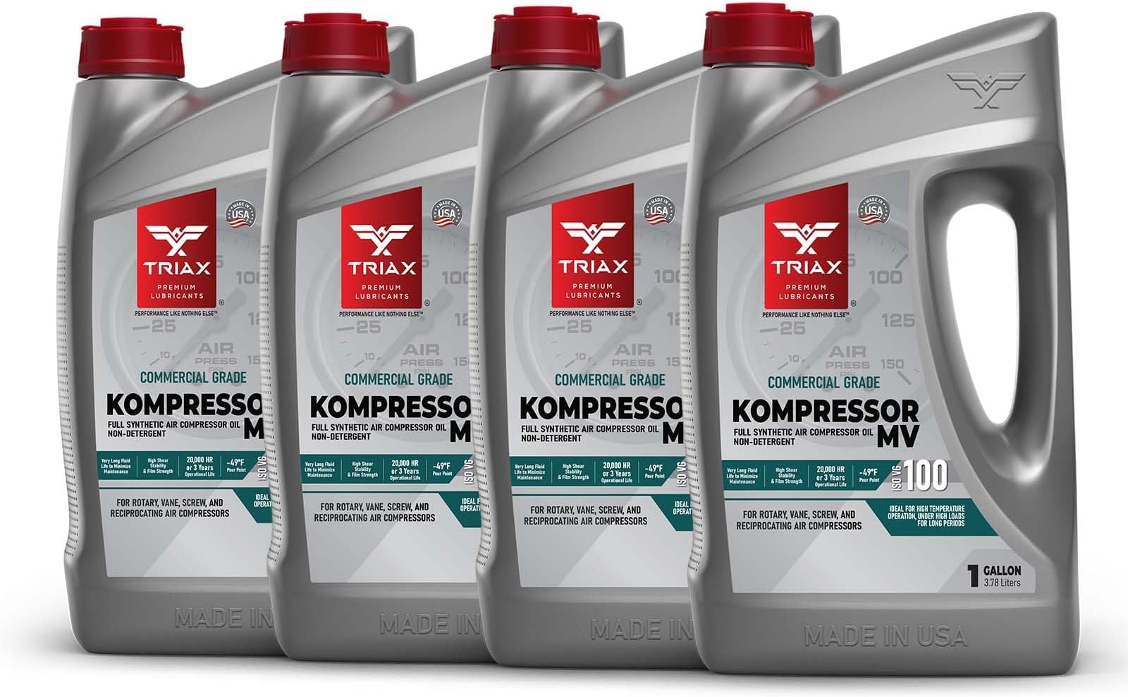 Triax Kompressor MV ISO 100 マルチビス 全合成エアコンプレッサーオイル ロータリー ベーン ネジ 往復式 高温20,000時間寿命(4ガロンケース)
