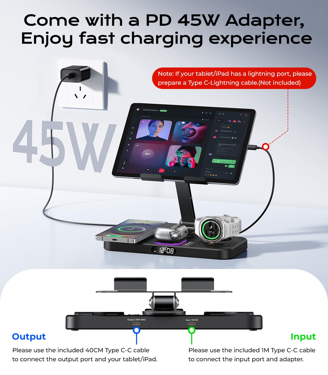 Meifigno Stazione di ricarica wireless da 45 W per più dispositivi Samsung, pieghevole 20 W con cavo caricabatterie per Galaxy Tab con orologio e luce, caricabatterie per S26/S25 Ultra/Z Fold 7 e Buds