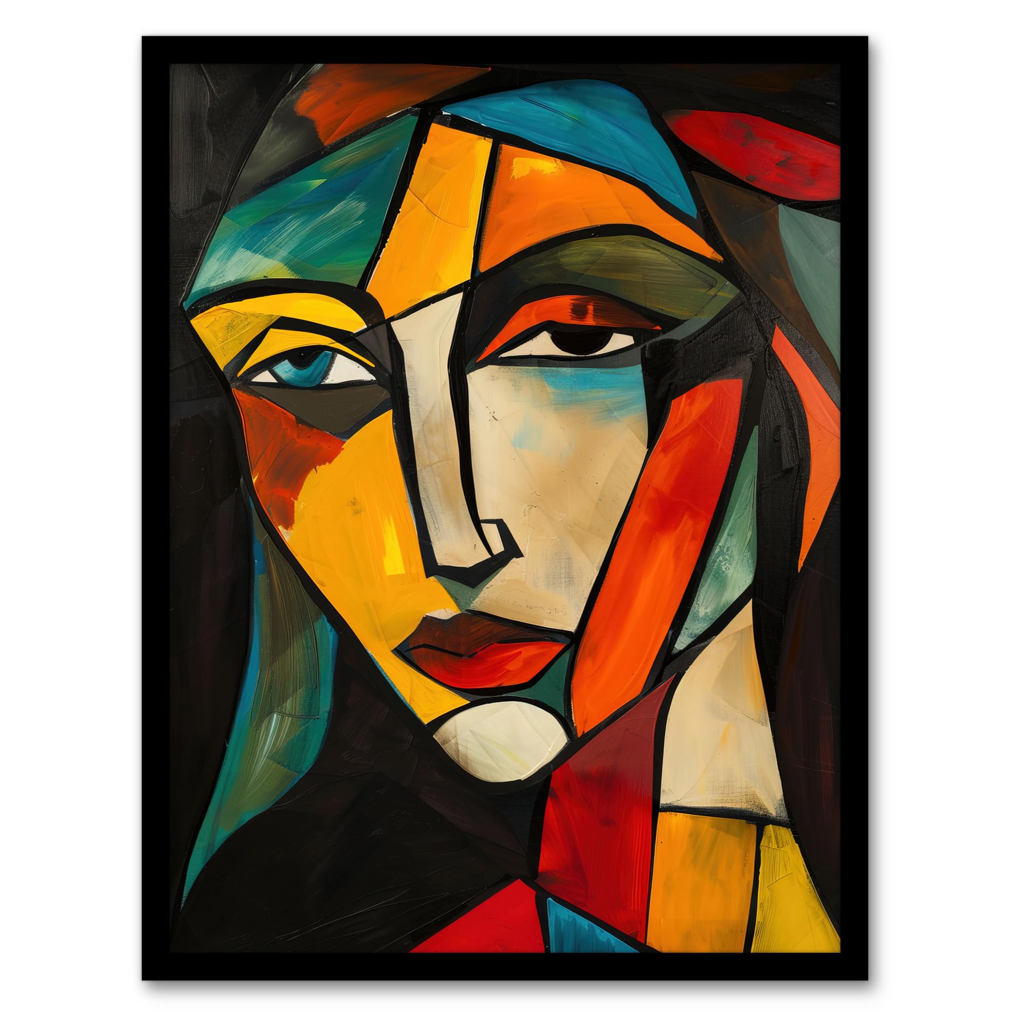 Artery8 Woman Portrait Stained Glass Cubism Colourful Living Room Artwork Framed Wall Art Print 18X24 Inch