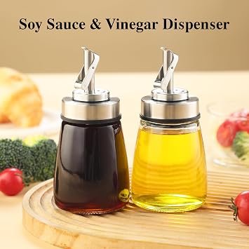 Glass Oil Dispenser Bottle with Stainless Steel Spout, Automatic Opening Lid, for Cooking Oil, Vinegar, Sauces, Syrup, 6OZ