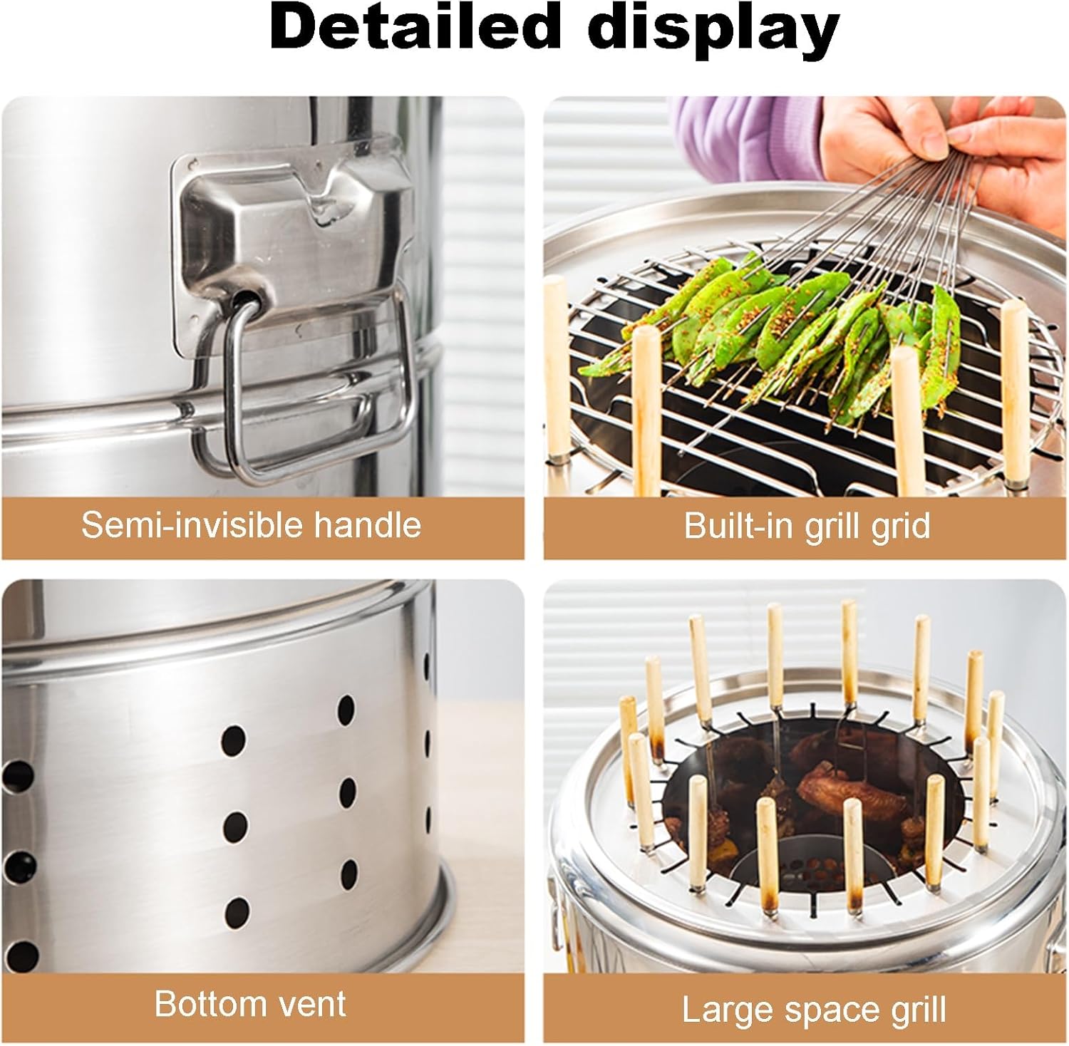 Outdoor Charcoal Grill Smokeless BBQ Hanging Grill Portable Stainless Steel BBQ Grill Oil and Carbon Separation Design Round Barrel Grill for Barbecue Party Camping(35x37cm/13.8x14.6)