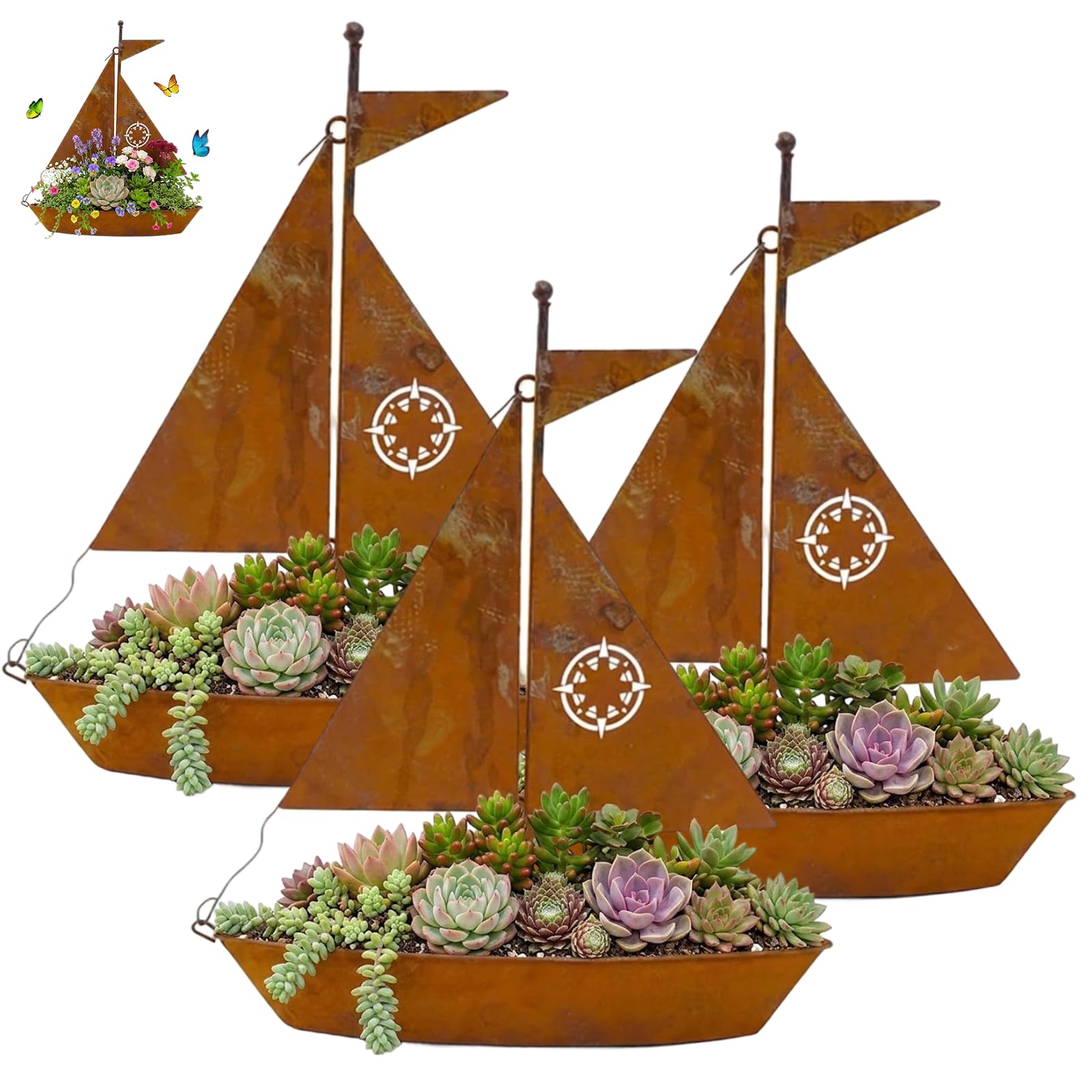 LLELEMAMO Rustic Sailboat Metal Planter – Handcrafted, Weather-Resistant & Perfect for Succulents, Herbs or Flowers – Charming Garden or Shelf Decor (3 Pcs)