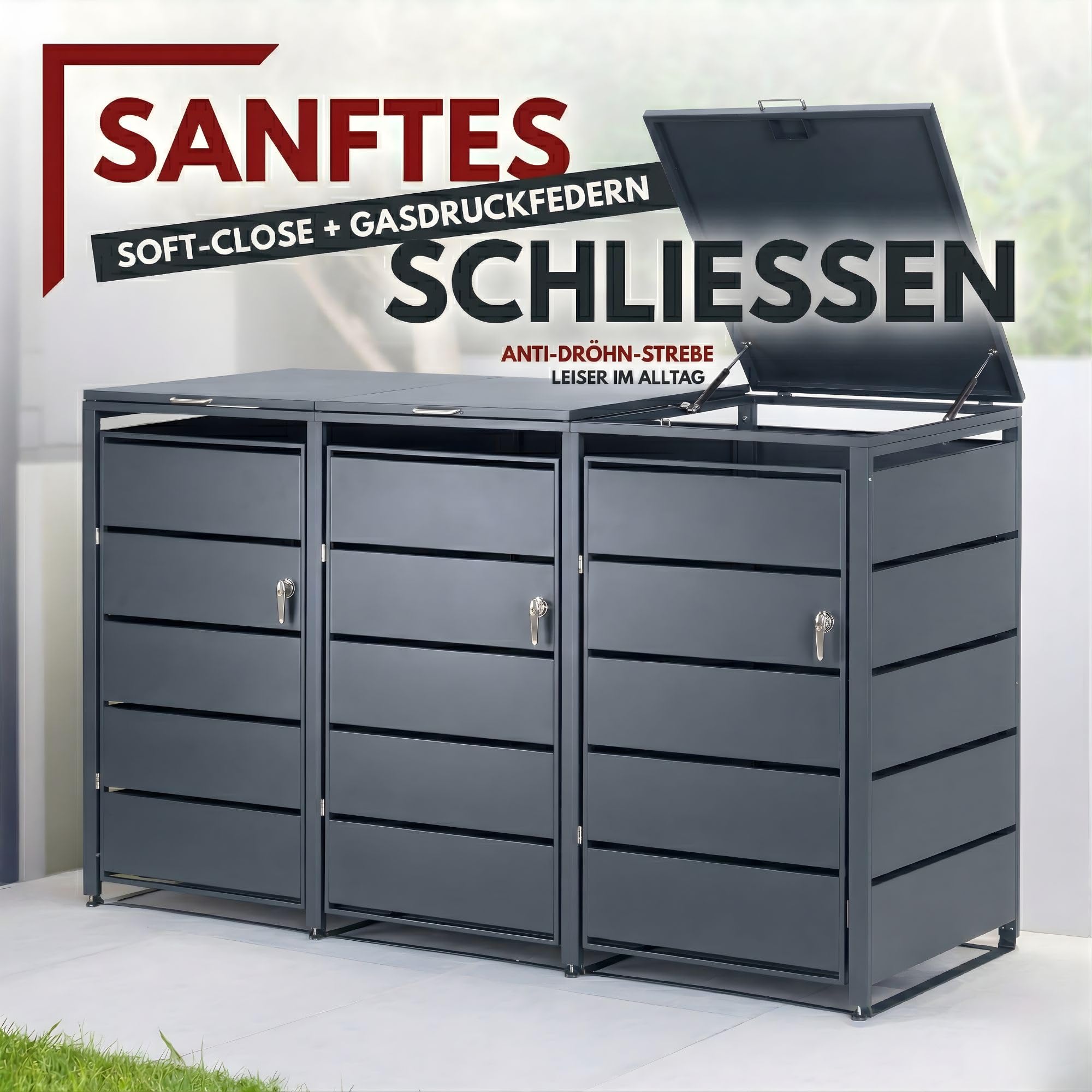 ALBATROS Mülltonnenbox 3er, 120L bis 240L, für DREI Tonnen, Mülltonnenverkleidung aus verzinkten Metall, Anthrazit Grau RAL7016, abschließbar, wetterfest, geprüft nach ISO9227, mit Aufkleber Set