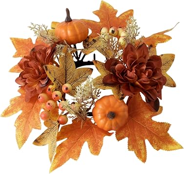 1 Pcs Artificial Pumpkins Maple Leaves Candle Rings Wreaths Pillar Candle Holder for Wedding Thanksgiving Halloween Tabletop Decoration Orange