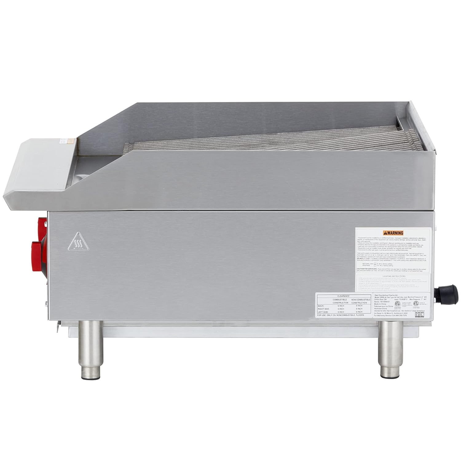 Iron Range IRRB-24 24" Commercial Gas Charbroiler, 2 Burners, 70,000 BTU, Stainless Steel, Cast Iron Grates, ETL Listed, LPG Conversion Kit, Removable Grease Pan, Adjustable Legs