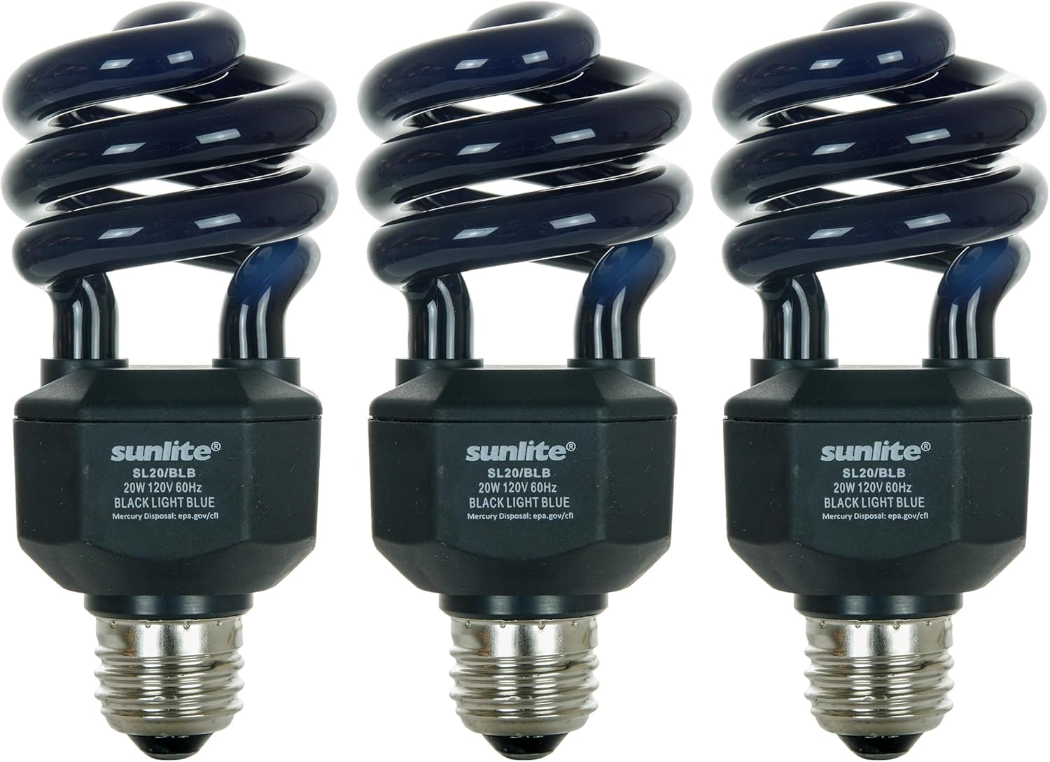 Sunlite 05645-SU CFL Black Light Bulb (BLB), Perfect for Halloween, Spiral Blacklight, 20 Watts, 120 Volts, Medium Base (E26), 463nm, UL Listed, 3 Count (Pack of 1)