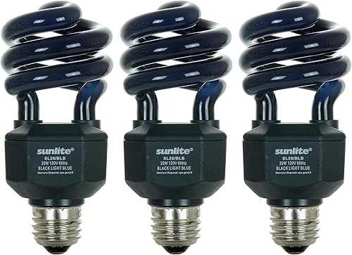 Sunlite 05645-SU CFL - Bombilla negra (BLB), perfecta para Halloween, luz negra en espiral, 20 vatios, 120 voltios, base media (E26), 463 nm,