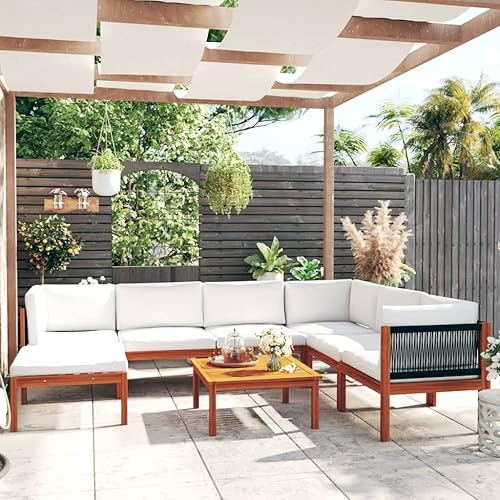 DGZLIIO Juego de 8 piezas de muebles de patio con cojines, madera de acacia maciza color crema, adecuado para jardín, patio trasero, balcón, porche.