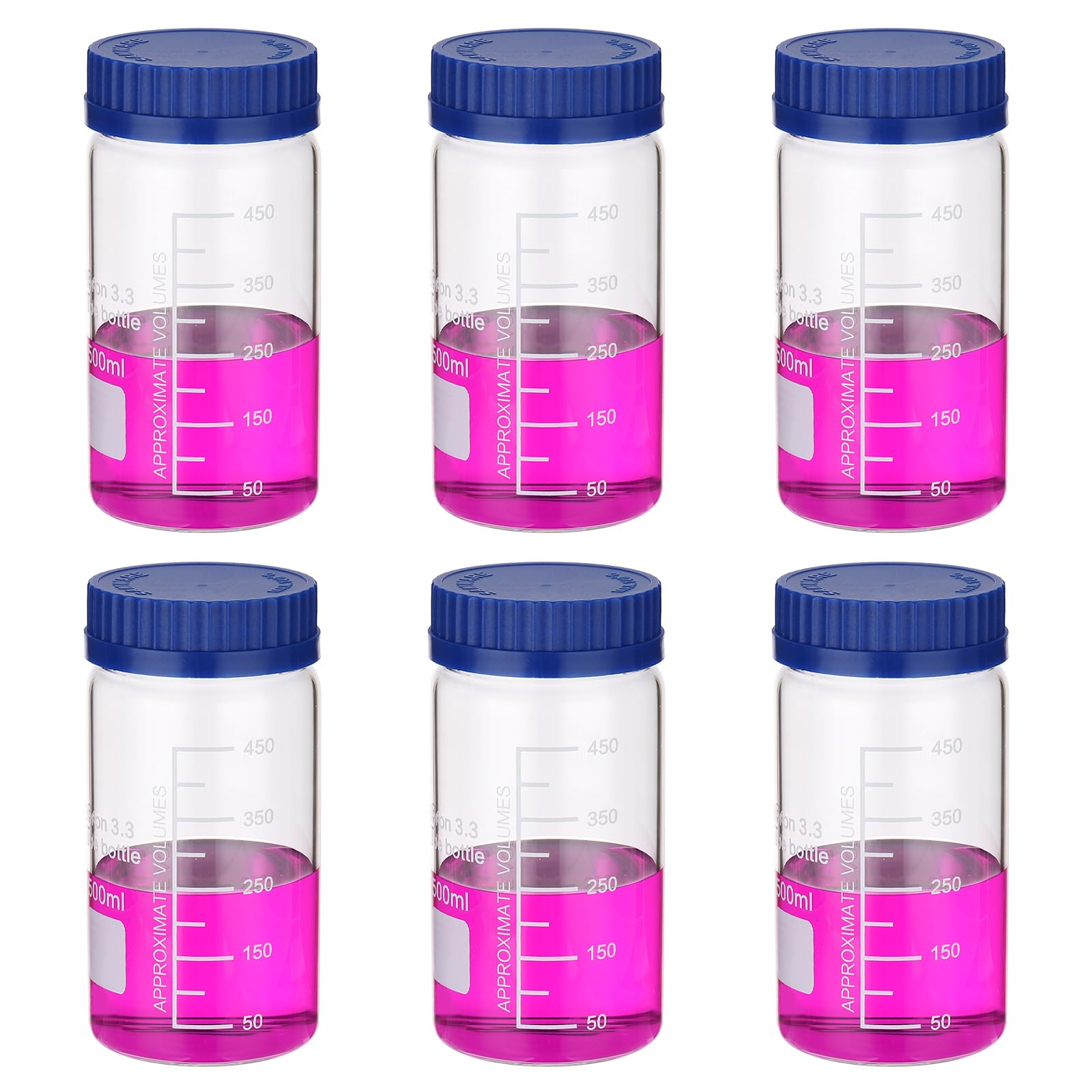 PATIKIL 6 Flaconi Da Laboratorio Per Reagenti, 500ml Borosilicato Bocca Larga Con Misura Graduata E Tappo A Vite GL32 Blu Per Liquidi Reagenti, Trasparente