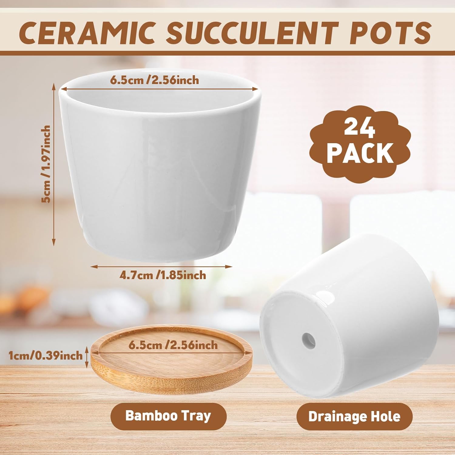 Hsei 24 Pack 2.5 Inch Mini Succulent Plant Pots Easter Small Ceramic Flower Pot with Bamboo Tray Garden Cactus Herb Container Home Office Decoration for Birthday Wedding Favor Gifts (White)
