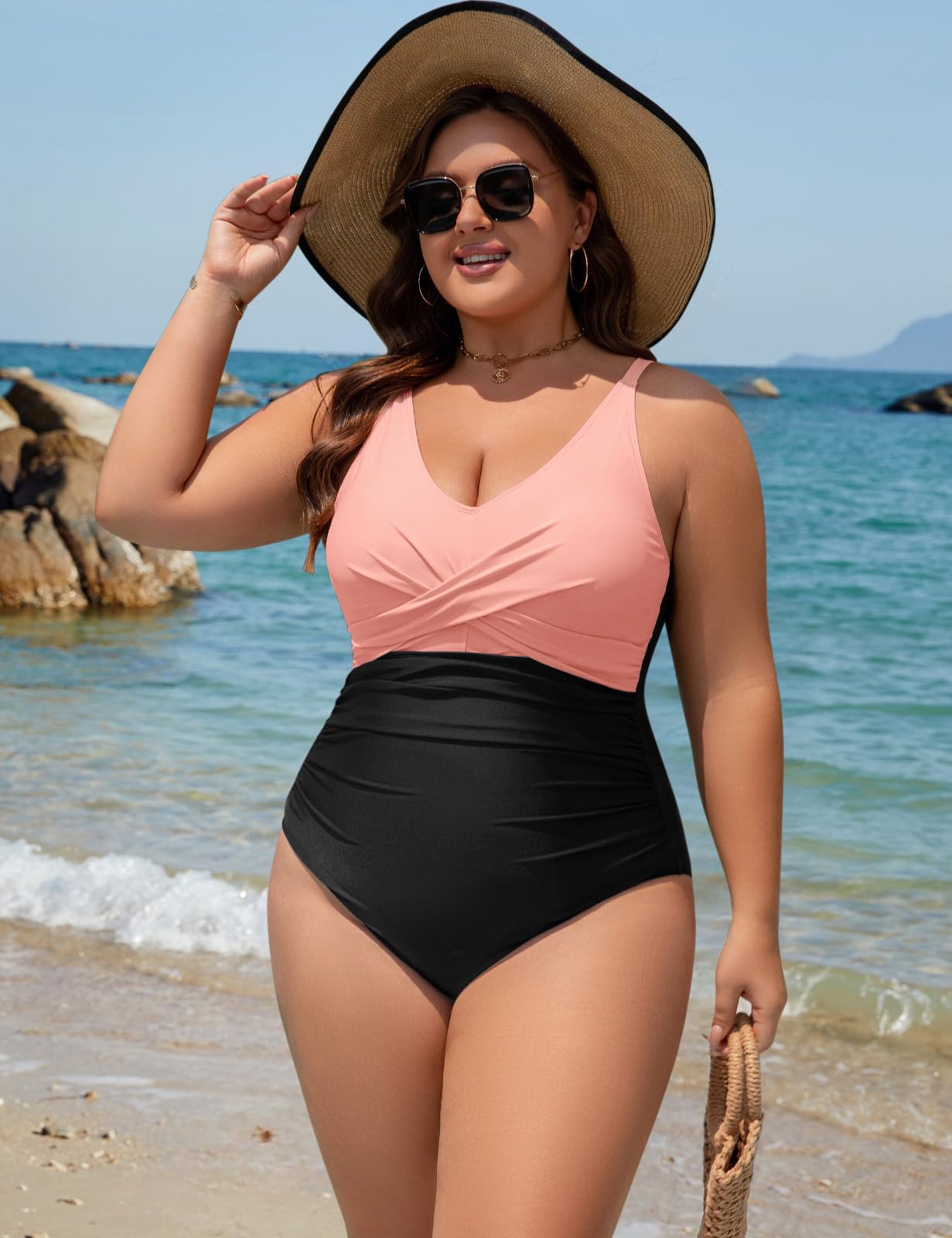 Maillot de Bain Grande Taille Femme 1 Piece Ventre Plat Swimsuit Sexy Col en V Maillot de Bain Réglable Push Up Rembourré Grosses Poitrines Monokini L-4XL