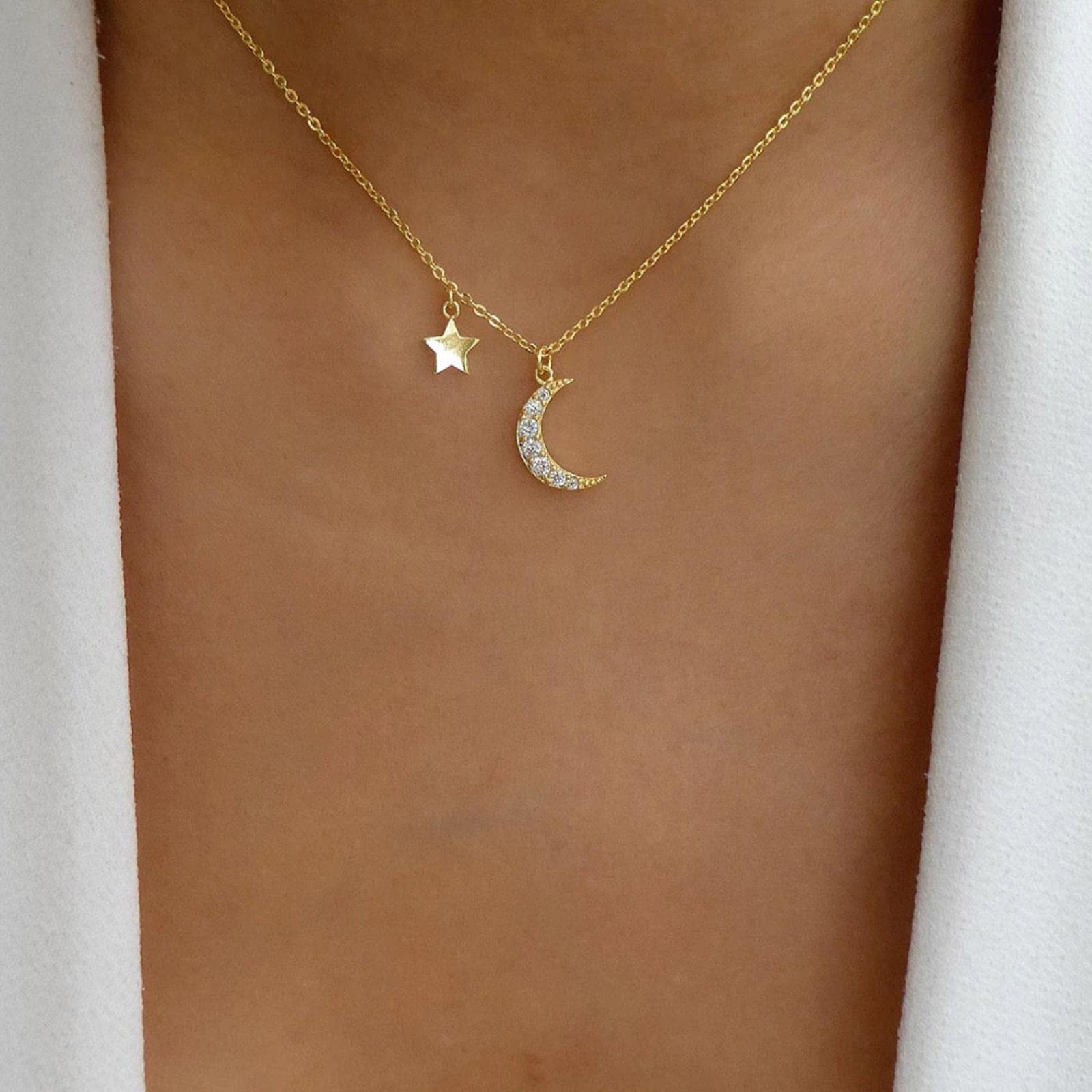 925 Sterling Silver Gold Zircon Cz Moon Star Charm Ciondolo Collana A Catena Lunga 2021 Gioielli da Sposa da Donna Cristallo