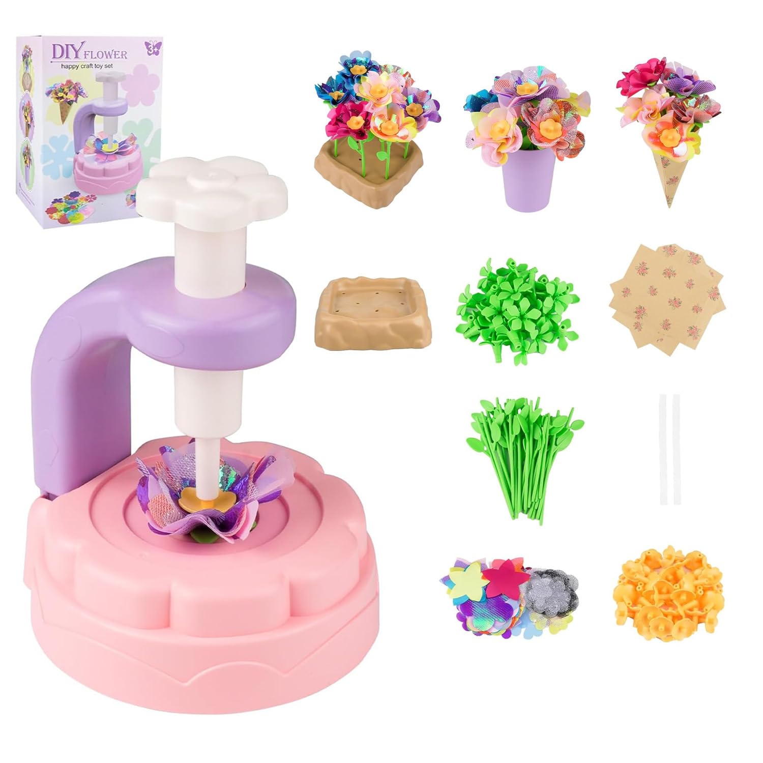 AurrSccen DIY Fabric Flower Craft Kit for Girls, 90 Pieces Safe DIY Flower Bouquet Making Kit, Screen-Free Creative Fun, Educational Sensory Toy, Birthday & Mothers Day Gifts for 4+ Year Old Girls