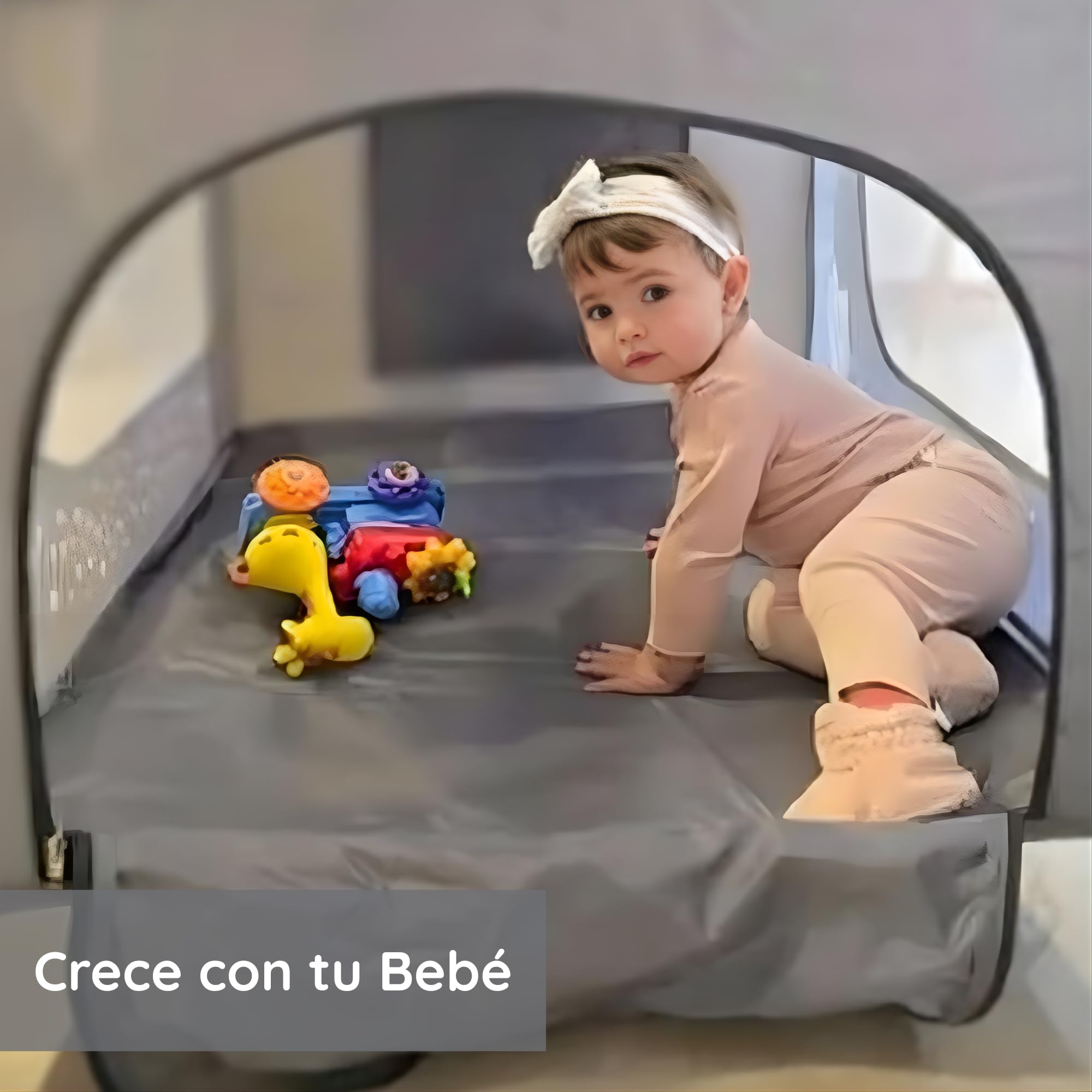Priori Baby Halley Cuna Colecho Convertible 2 en 1 para Bebé – Portátil con Cambiador, Toldo y Juguetes, Regulable en Altura con Malla Transpirable Ruedas con Freno y Colchón Suave, Hasta 15 kg (Gris)