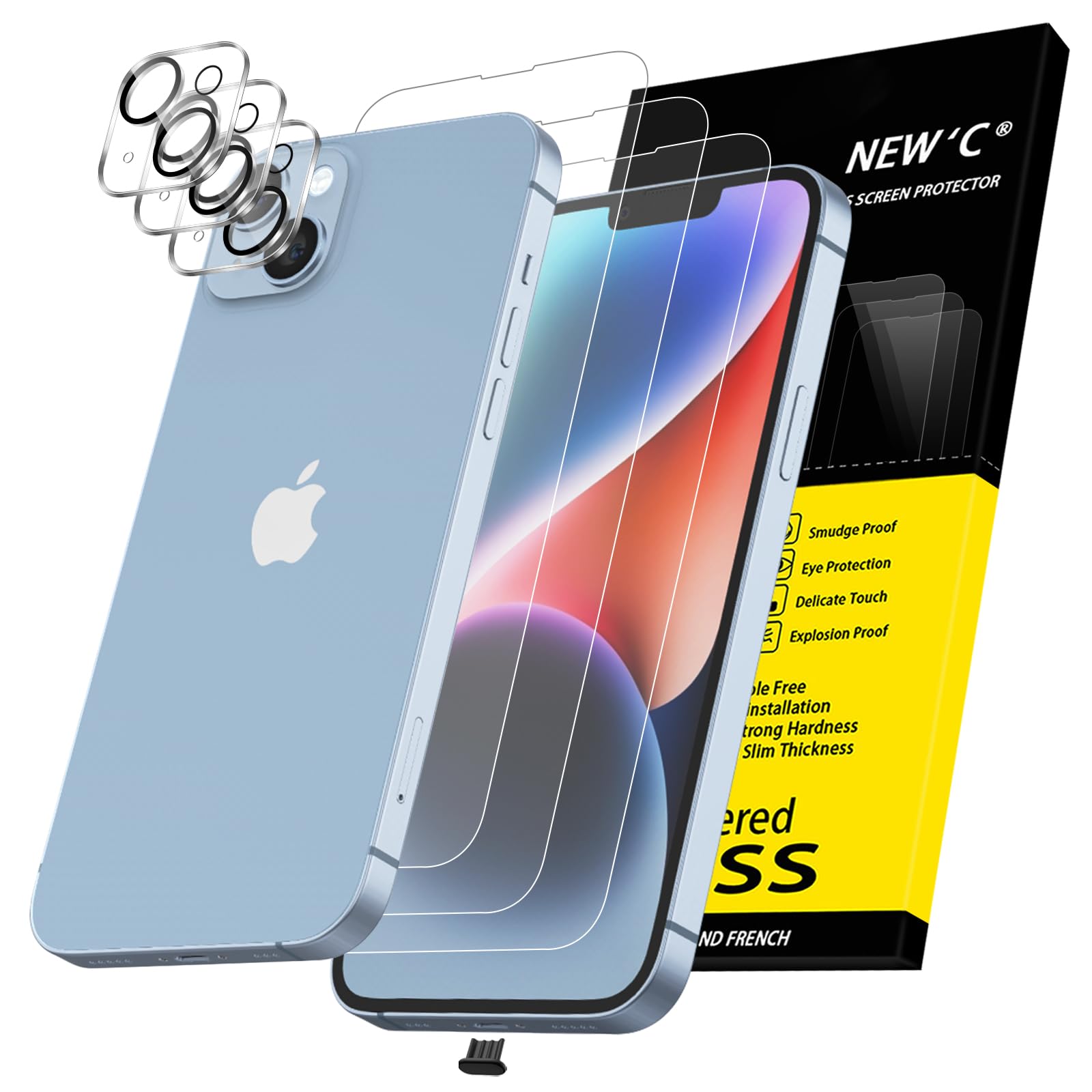 NEW'C 3x for iPhone 14 Plus Screen Protector (6.7 inches)+ 3x Camera Lens Protector, Sensor Protection + Dust Plug - Case Friendly Tempered Glass Film