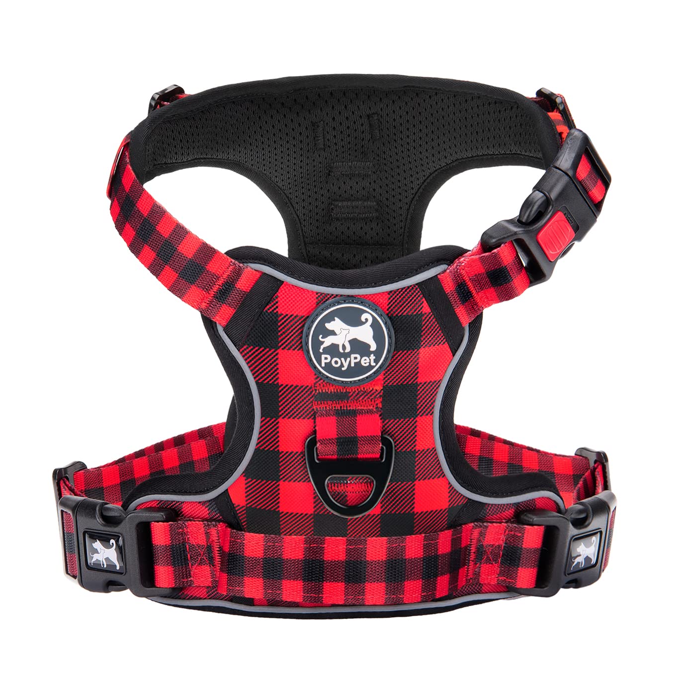 PoyPet Imbracatura per cani senza pull anteriore riflettente gilet per cani con facile controllo manico e retro perfetto per l'allenamento quotidiano, camminata, corsa (rosso a quadri, L)