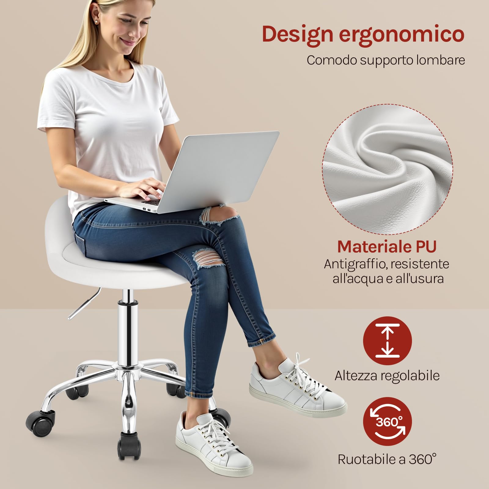 WOLTU Sgabelli con Ruote Regolabile, in Altezza per Estetista Parrucchiere Tattoo Studio Salone Sedia Girevole in PU, Sedia da trucco, Bianco