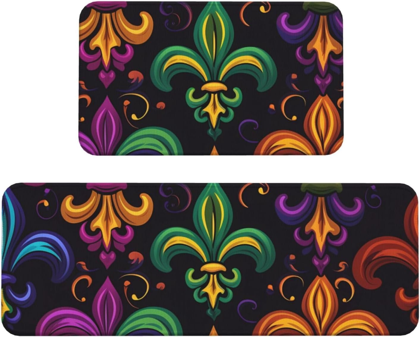 Colorful Mardi Gras Kitchen Mats for Floor, Fleur De Lis Kitchen Rug Runner Non-Slip Kitchen Mats and Rugs 2PCS Absorbent Standing Mats for Office Desk Sink