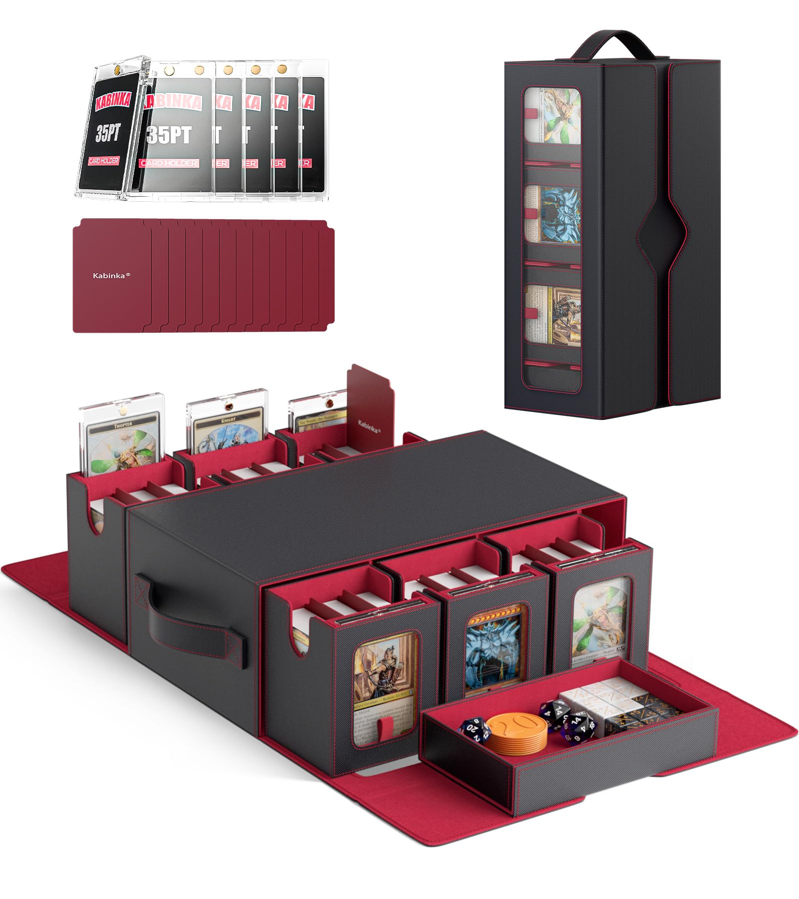 Kabinka Commander Deck Box for MTG, 7 in 1 Modular Card Case Fits 600+ Double-sleeved Cards, Trading Cards Storage Box with Removable Dice Tray 35PT Magnetic Card Holders for TCG (Black Red)