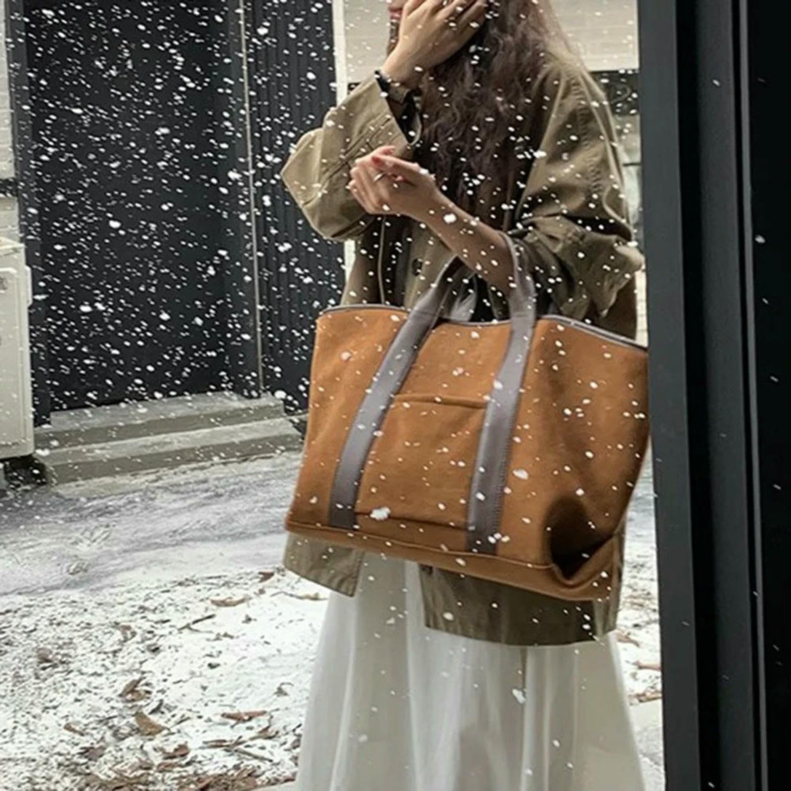 CHENSHI Borsa a Mano Donna in Pelle Scamosciata per Sacca da Lavoro Top Vintage di Grande capacità-Marrone