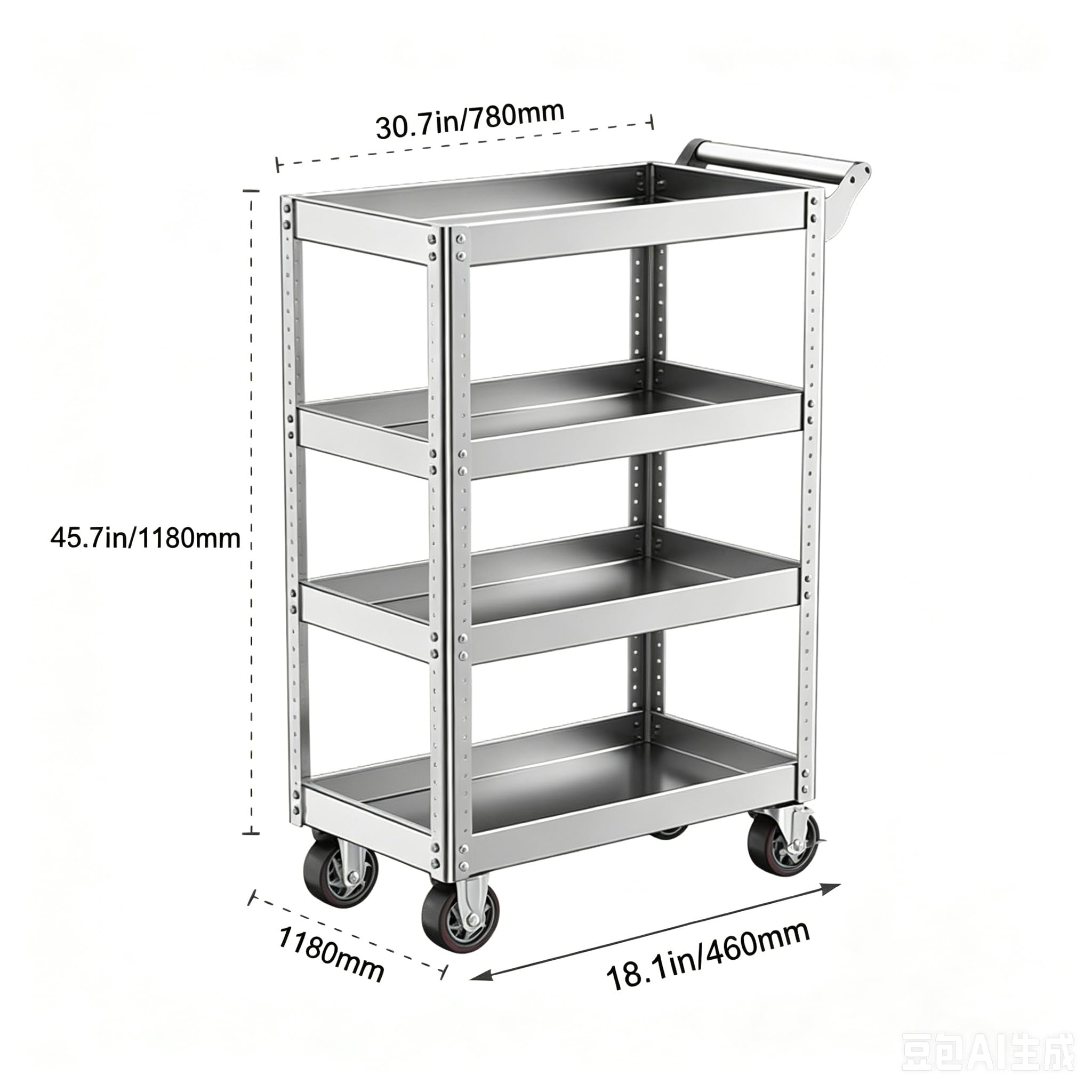 Carrello multiuso a 3 ripiani in acciaio inox con grande vassoio e ruote di bloccaggio, capacità di 300 kg per cucina, officina, magazzino