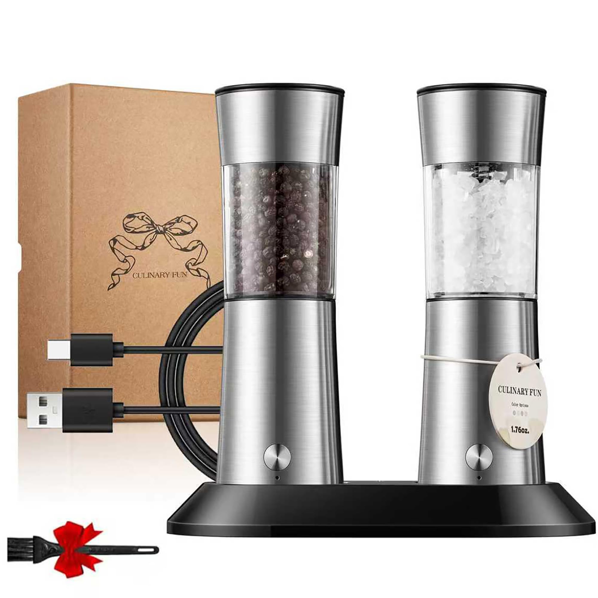 Gravity Electric Salt and Pepper Grinder Set, Automatic Mills with Rechargeable Charging Base, Built-in LED Light & Stainless Steel Body