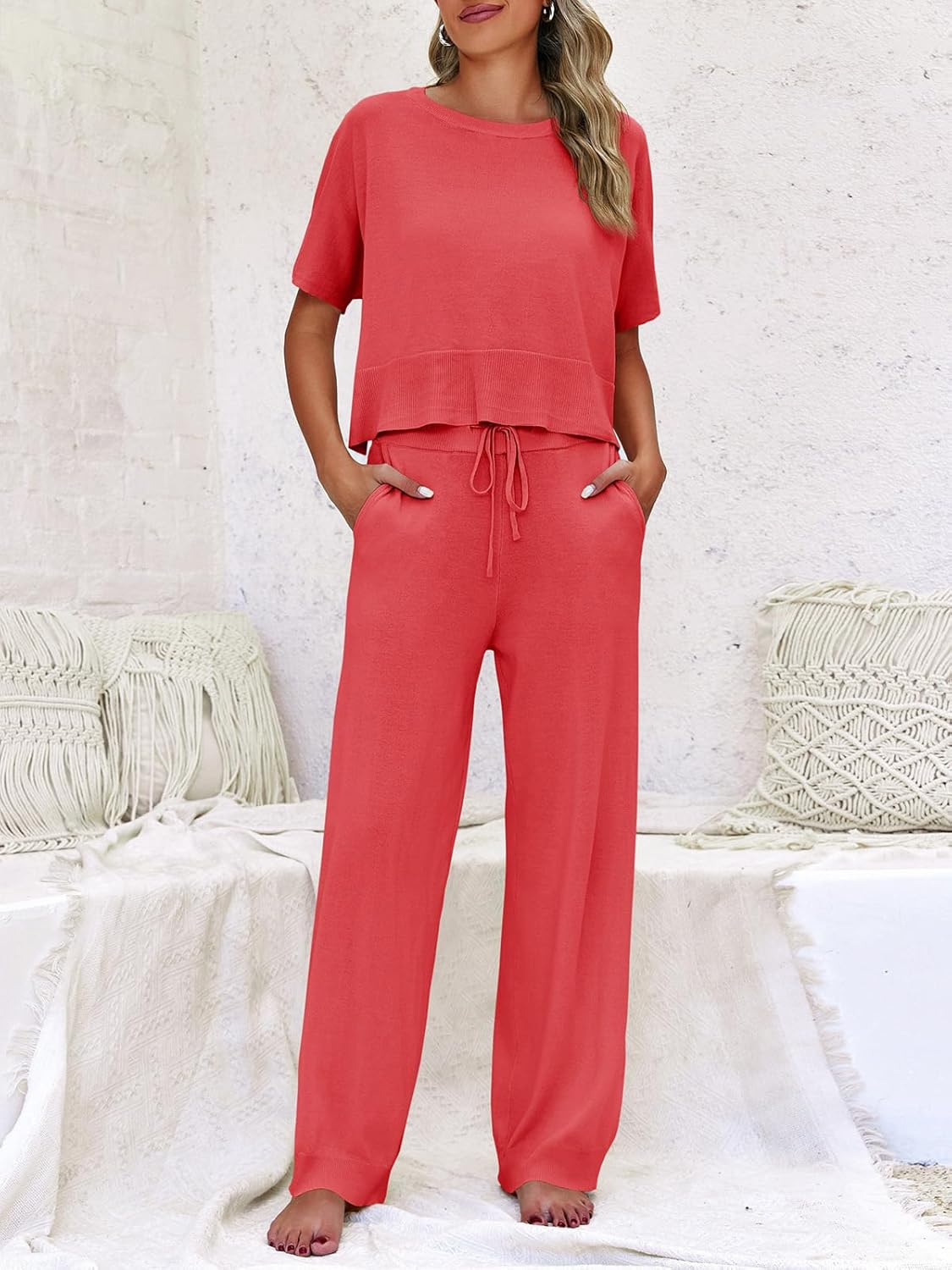 Fisoew Womens 2 Piece Outfits Sweater Sets Knit Split Crop Tops High Waisted Pants Lounge Set - Image 2