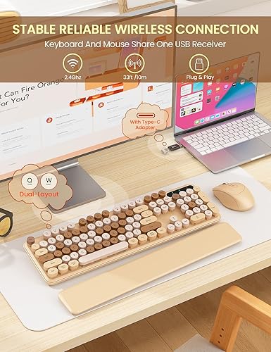 Miniatura 4 de Combo de teclado y mouse inalámbricos bonito teclado de máquina de escribir con reposamuñecas desmontable, teclas redondas retro, patas plegables,