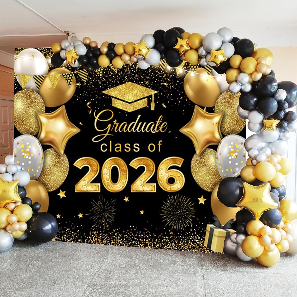 12x10ft Class of 2026 Graduation Backdrop Black and Gold Graduation Photo Backdrops for Photoshoot Balloons Glitter Congrats Grad Photography Background Photo Booth Props 2026 Graduate Party Decor