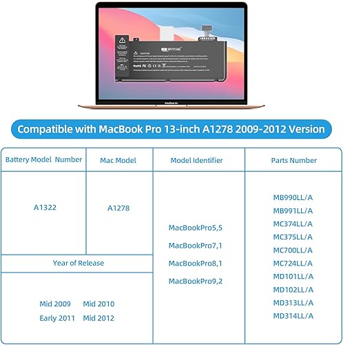 Miniatura 3 de MYIYAE Batería de repuesto A1278 A1322, para Apple MacBook Pro de 13 pulgadas (versión media 2009 2010 2012 principios de 2011), 10.95 V 65.5 Wh